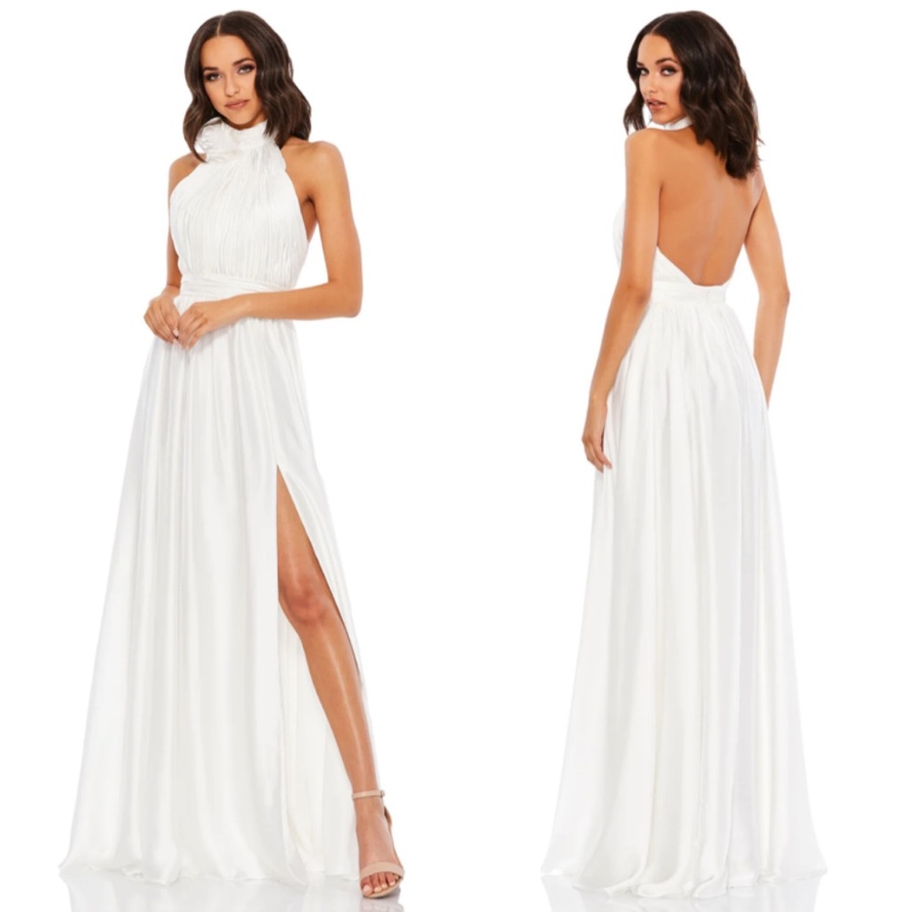 Mac Duggal Rosette Halter Chiffon Evening Gown Maxi Dress 49333 White Size 2